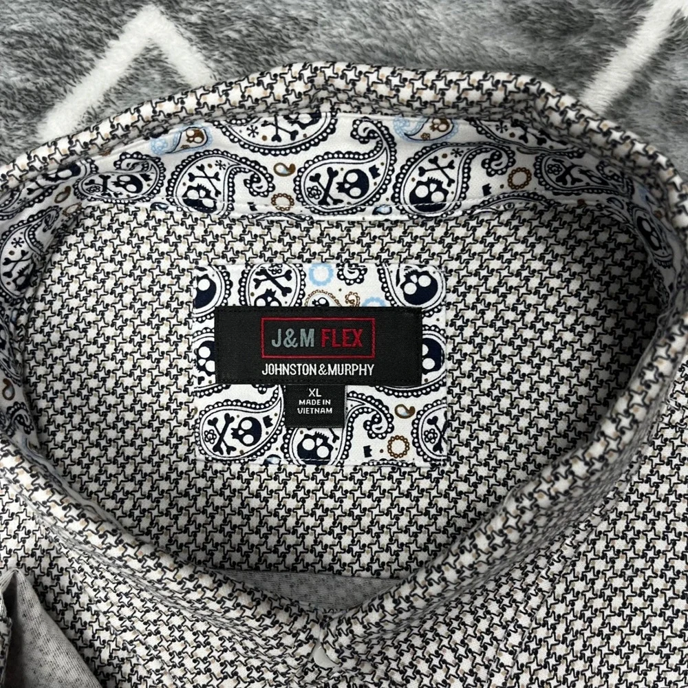 Johnston & Murphy J&M Flex Shirt Mens XL Black White Skull Paisley Trim Stretch